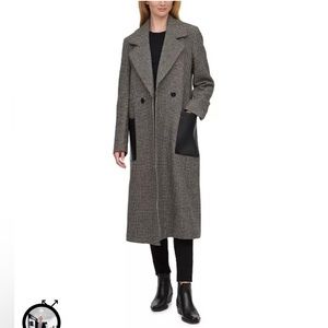 Calvin Klein Faux-Leather-Pocket Houndstooth Maxi Coat NWT